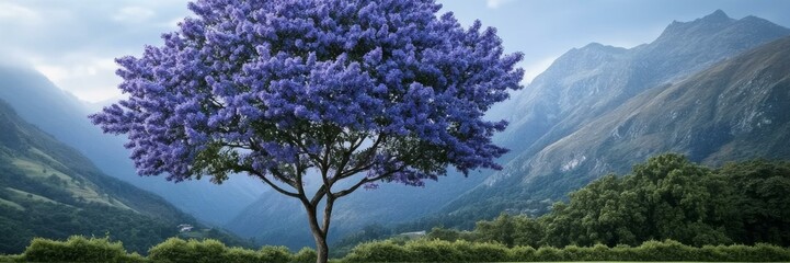 Majestic purple tree in serene mountainous landscape, symbolizing tranquility and nature's beauty, perfect for Earth Day