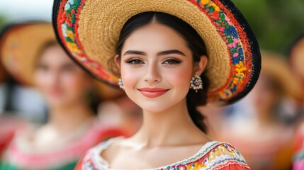 Young Hispanic woman in colorful traditional attire and sombrero, celebrating Cinco de Mayo festival