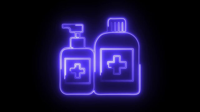 Glowing neon alcohol based disinfectant icon isolated on black background. HD Video motion graphic animation