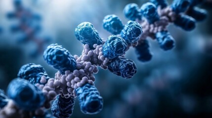 Microscopic DNA strands intertwine, genetic research concept, blue scientific background, molecular biology visualization