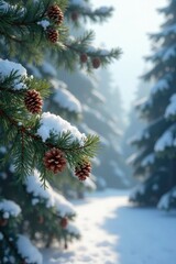 Fir branches in wintery landscape with pine cones and snow , frosty, branches
