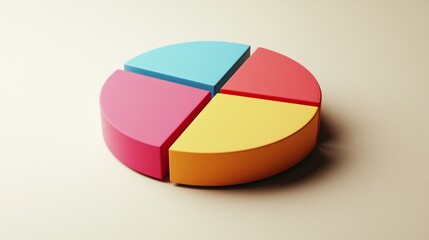 Obraz premium A simple and well-balanced D pie chart with four segments, each in different business-friendly colors, placed on a neutral gradient background.