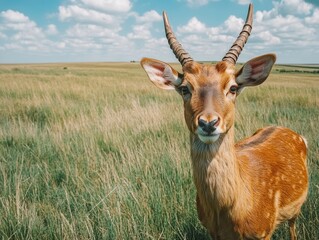Fototapeta premium Graceful Antelope: A Wildlife Portrait in a Serene Grassland Under a Sunny Sky