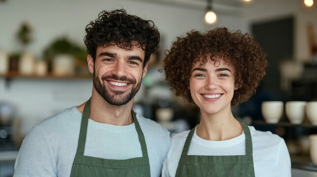 Smiling diverse male and female baristas in cozy coffee shop, small business teamwork, hospitality industry