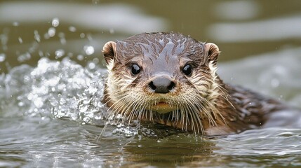 An adorable otter is swimming playfully in the water