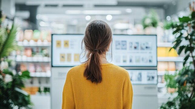 Woman Browsing Digital Display in Modern Store - Powered by Adobe