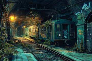 Obraz premium A cinematic 3D background of an ancient, abandoned subway station covered in graffiti and overgrown vines. Dim flickering lights illuminate the cracked tiled floors, while an old train car rusts