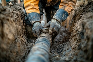 A close up of a worker installing water main pipes in a trench, captured in socialist realism style