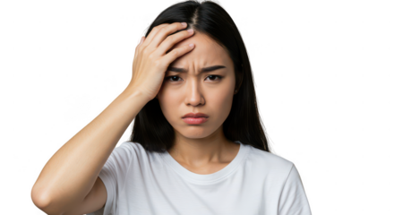 Woman with hand on forehead looking stressed