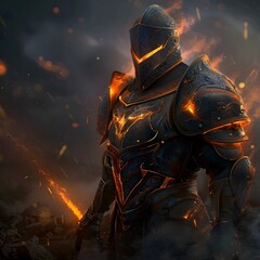 Fototapeta premium Epic Fire Battle Medieval Knight Helmet Warrior Fighter in an Armor 