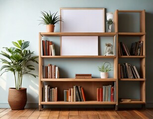 Parede com estante livros e plantas