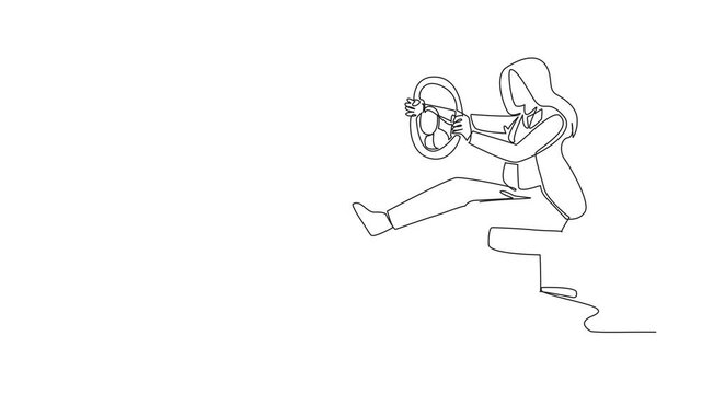 Self drawing animation of single one line drawing businesswoman sit on chair playing with car steering wheel. Holiday alone. Lazy to activities in office. National Goof Off Day. Full length animated - Powered by Adobe