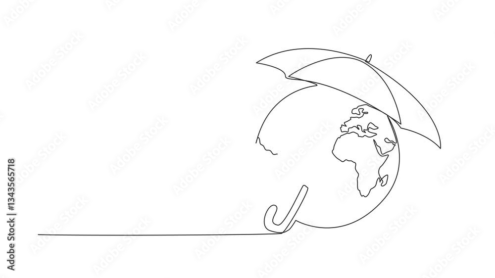 Poster animated self drawing of single continuous line drawing part of the globe is covered by an umbrella.
