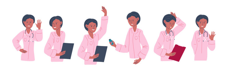 Medical staff set. Medical workers in uniform with stethoscopes, documents, medicines. Doctor wearing special pink medical clothes. Flat vector illustration. Funny young woman doctor character