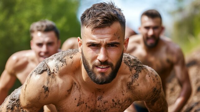 Muddy men competing in an obstacle race outdoors, embodying teamwork, fitness, and adventure challenges