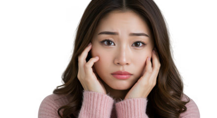 Close up portrait of a woman with hands on her face looking worried