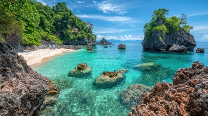 Fototapeta premium A beautiful scenic view featuring beach water and rocky islands