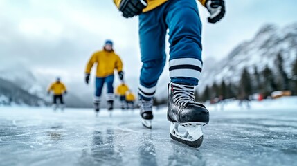 Ice hockey players in action, winter sports activity, teamwork on frozen lake, alpine outdoor recreation