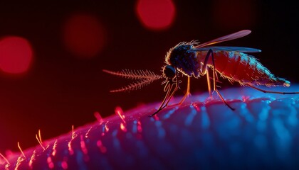 Invasive Mosquito Feeding on Skin Surface Close Up View Vector Carrier Parasite Insect Bite Danger