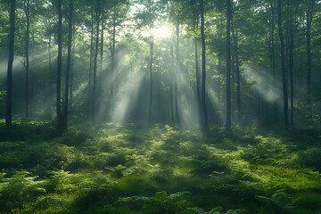 Fototapeta premium Sunbeams pierce misty forest, illuminating lush green ferns and trees