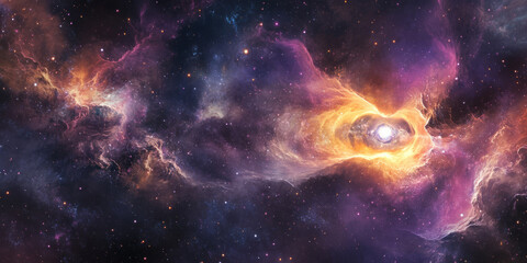 Obraz premium A cosmic 3D background featuring a radiant nebula forming the shape of a giant eye, gazing into the universe. The swirling gases and deep space details create a visually striking, surreal cosmic