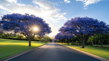Sunlight filtering through jacaranda trees lining a tranquil road, spring bloom scenery, serene nature backdrop, vibrant purple blossoms in urban landscape