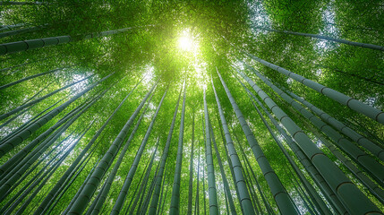 Sunlit bamboo forest, tall stalks reaching skyward, vibrant green foliage