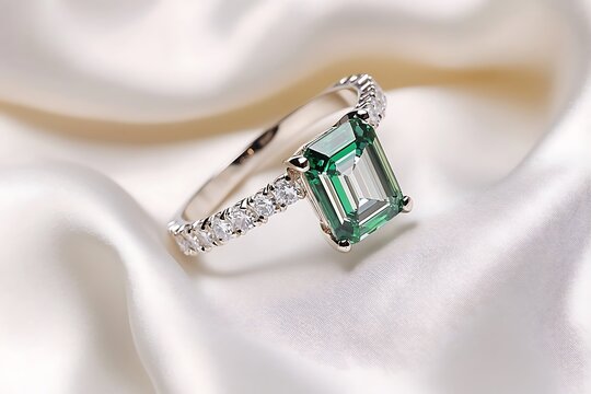 A glamorous emerald-cut diamond ring with an emerald-shaped diamond choker necklace, elegantly placed on white silk.
