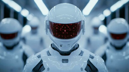 Futuristic humanoid robots with reflective helmets, science fiction technology, artificial intelligence concept