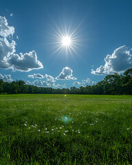 Fototapeta premium Sunlit meadow with scattered wildflowers under a vibrant blue sky