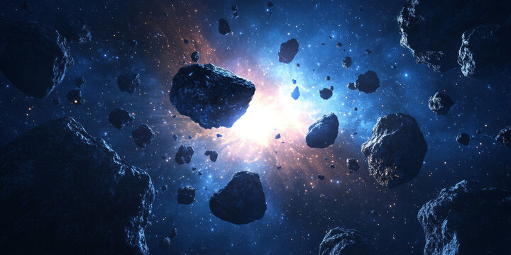 A cosmic 3D background depicting an asteroid field illuminated by a distant, glowing star. The floating rocks and celestial dust create a sense of depth and movement, emphasizing the vastness of space