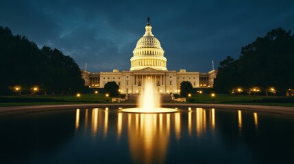 Majestic Capitol Building illuminated at night with reflecting pool, symbolizing American governance and Independence Day