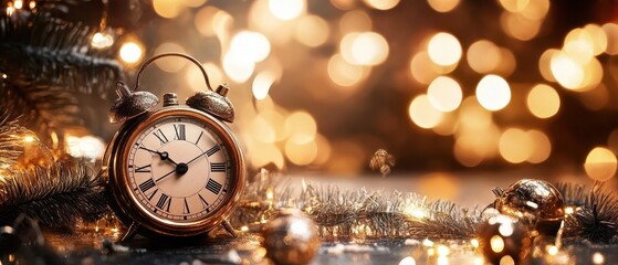 Vintage clock amidst festive golden lights and decorations.
