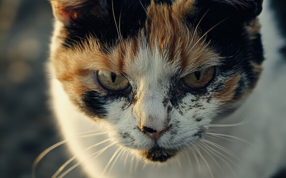 Close up of a sad old calico cat with intricate facial details and blurred outdoor background