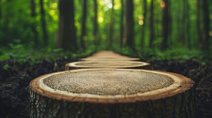 A serene forest scene with tree rings forming a natural pathway.