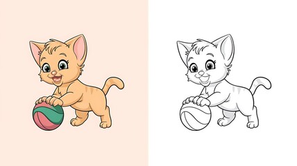 Obraz premium Playful Kitten Cartoon Character with Ball, Color and Black and White