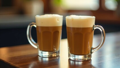 Two frothy latte glasses sitting side by side, drink, glass