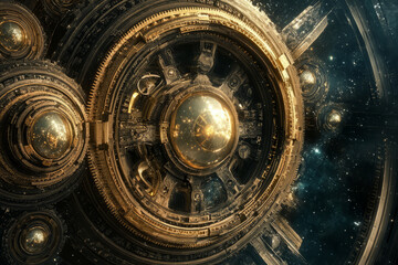 Fototapeta premium A surreal 3D background of a colossal, rotating clockwork mechanism that controls the flow of time. Massive golden gears interlock with celestial spheres, each ticking second shifting the reality of
