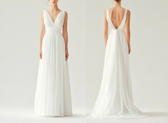 Fototapeta premium Elegant white evening dress showcased on model in minimalist studio setting