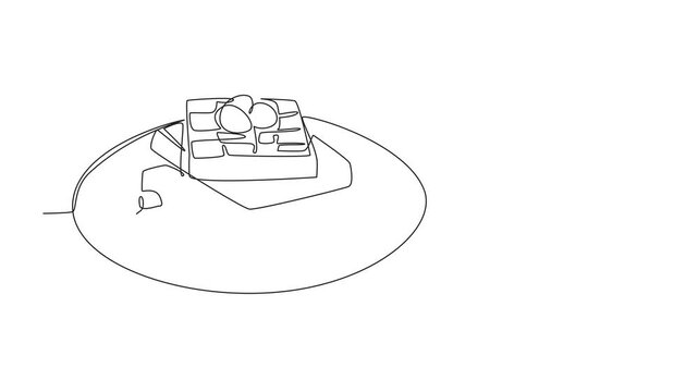 Self drawing animation of single continuous line drawing waffles stacked on round plate. Strawberry and raspberry toppings. Fresh sweet and sour. International Waffle Day. Full length animated