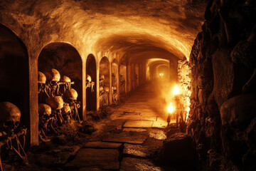 A mysterious 3D background of an ancient underground catacomb, with torch-lit stone corridors lined with skeletal remains. The air is thick with dust, and eerie shadows flicker on the walls, hinting