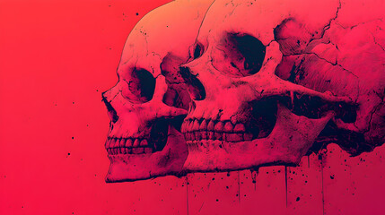 Two stylized skulls in profile, rendered in vibrant pink and red hues against a matching background, with paint splatter effects