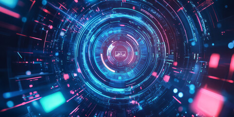 Fototapeta premium A high-tech 3D background displaying a massive circular interface, resembling a futuristic control system. The neon lights and digital elements evoke advanced technology and artificial intelligence.