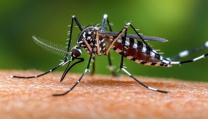 Striped Mosquito Feasting on Human Skin Close Up View Entomological Study Danger Disease Vector