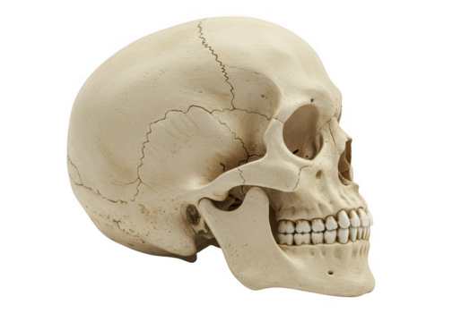 Anatomical model of a human skull with visible sutures 