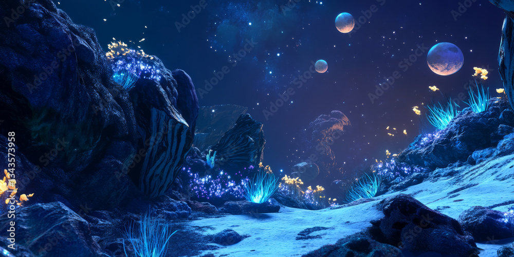 Wall mural a celestial 3d background of an alien planet with multiple moons in the sky. the terrain is covered 