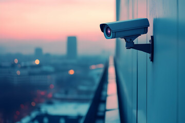 Security Camera Mounted on a Building Overlooking a Cityscape at Dusk (High Angle View) with Surveillance Systems and Monitoring Capabilities. City Lights at Horizon Line Visible