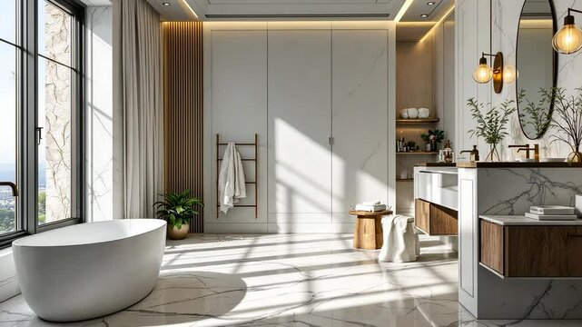 modern bathroom interior with marble accents and natural light streaming through large window