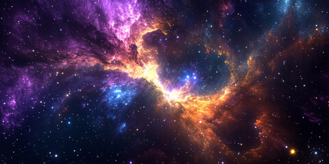 Fototapeta premium A cosmic 3D background depicting an immense galactic nebula swirling with vibrant hues of deep purple, electric blue, and fiery orange. The countless stars scattered throughout the expanse create a