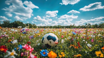 A football sits among colorful wildflowers under a blue sky